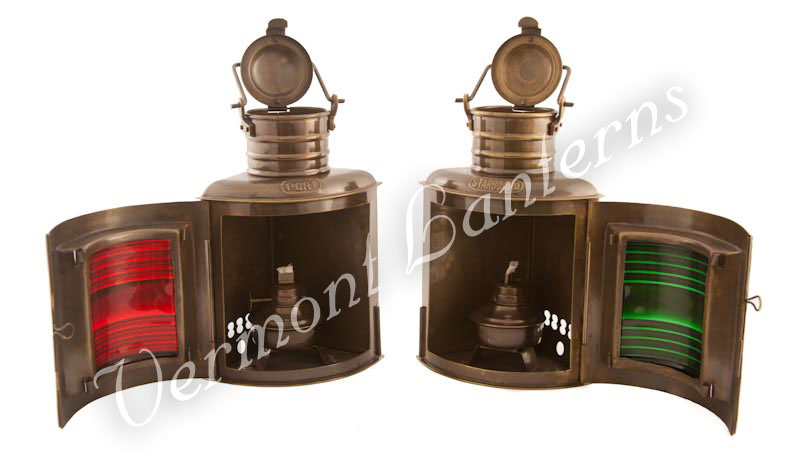 vintage nautical brass lamps, ship or boat signal lanterns, red & green  lights