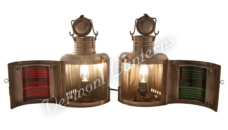 vintage nautical brass lamps, ship or boat signal lanterns, red & green  lights